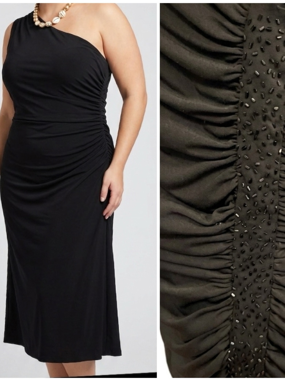 NWT JESSICA Black One Shoulder Ruched Crystal Accent Dress Plus Size 16